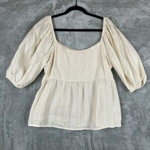 Lush Blouse Women's L Ivory Cream Beige Peplum Top Babydoll Cotton Lace Detail